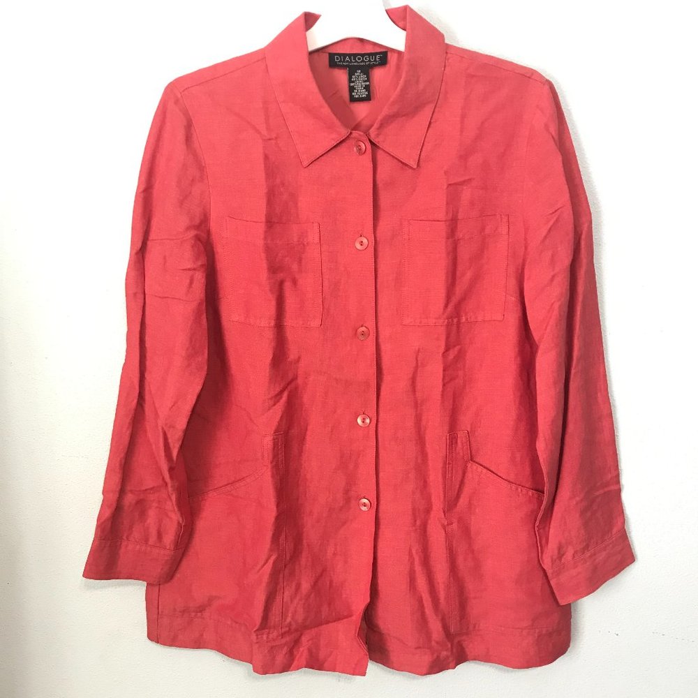 Dialogue Blazer Coat Jacket Womens 12 Coral Pink 55% Linen Button Front Collared